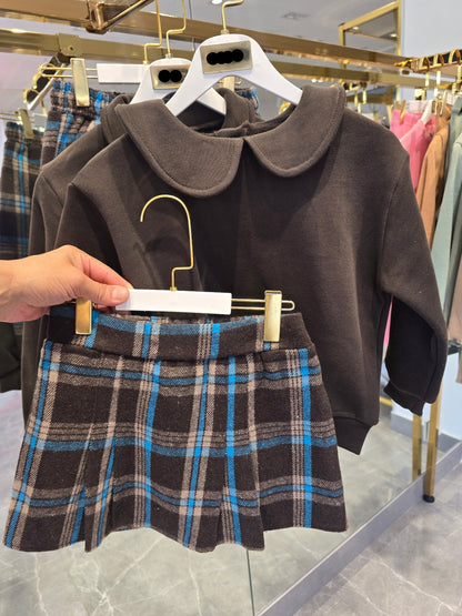Brown Collar Sweater & Pleated Skirt Set - 3-10Y