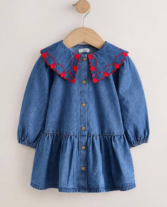 Denim Dress with Red Heart Collar - 4-10Y
