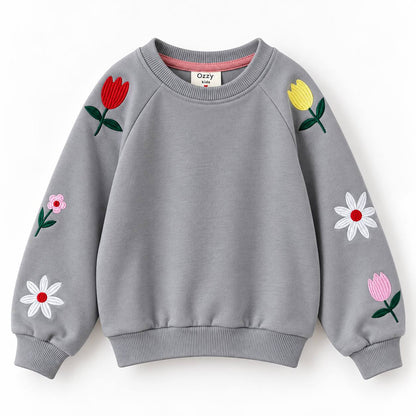 Stitched Floral Sweater - Grey/Yellow/White - 3-8Y