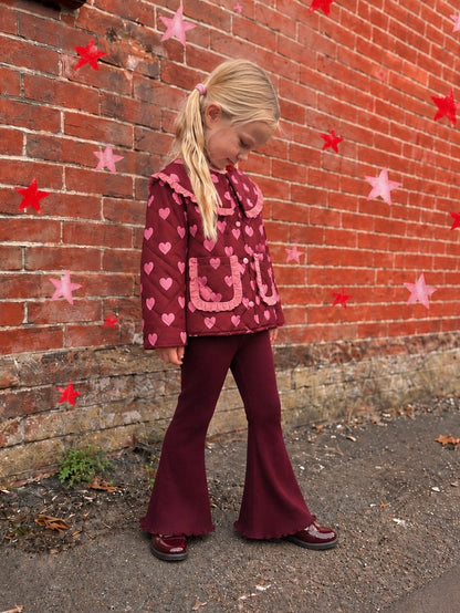Heartful Quilted Jacket & Flare Legging Set - Burgundy - 3-10Y