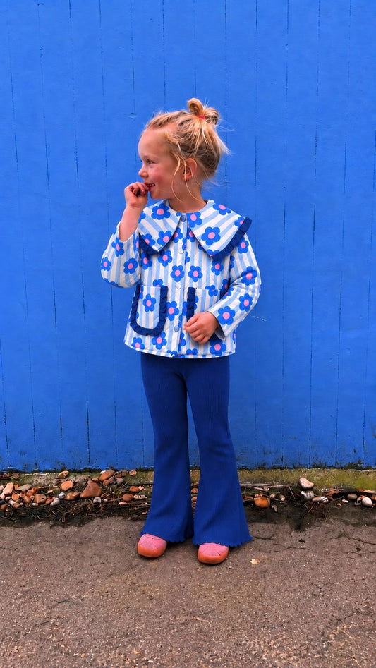 Floral Quilted Jacket & Flare Legging Set - Blue - 3-10Y