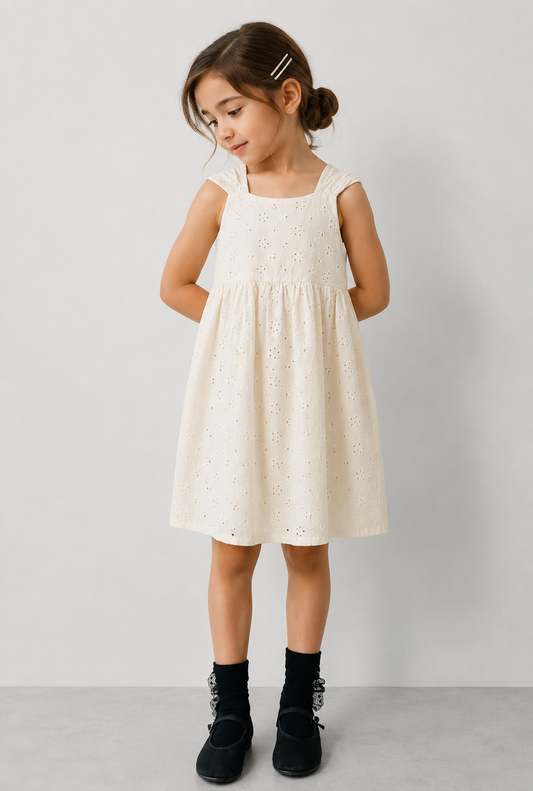 Off-White Embroidered Dress - 2-7Y