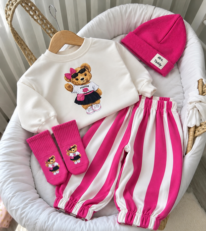 Teddy Bear Striped Baby Set (4 pcs) - Pink/Fushia - 6M-3Y