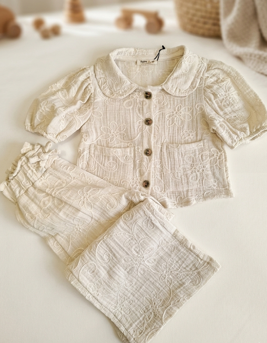 The Cream Embroidery Bloom Set 3-7y