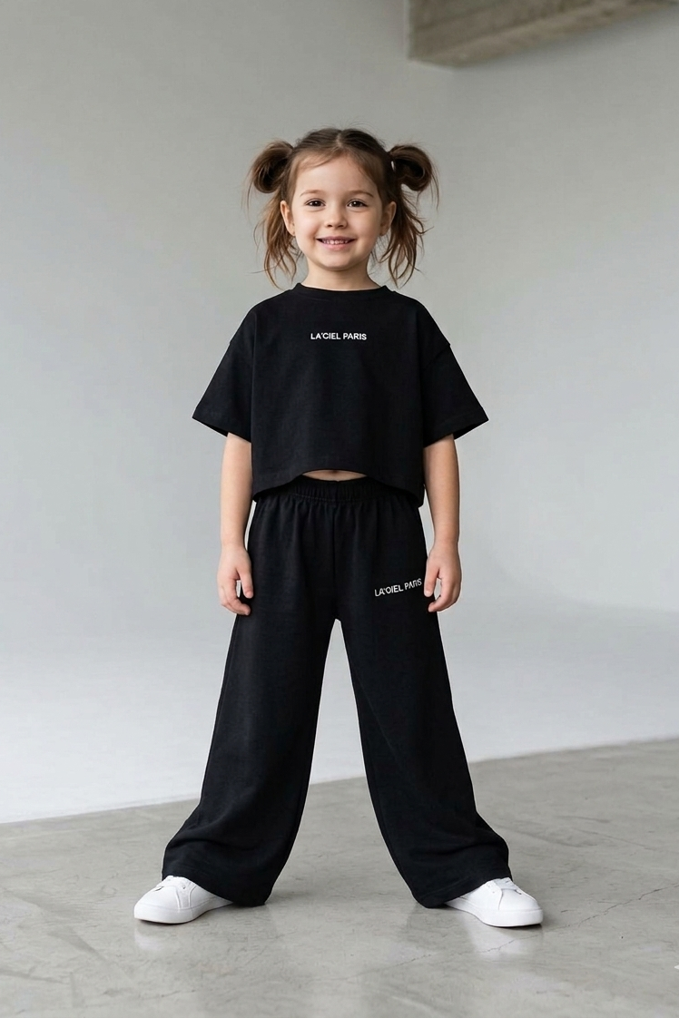 BLACK Wide Leg Pants & Tshirt Set - 2-7Y
