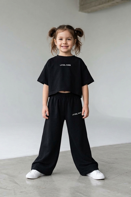 BLACK Wide Leg Pants & Tshirt Set - 2-7Y
