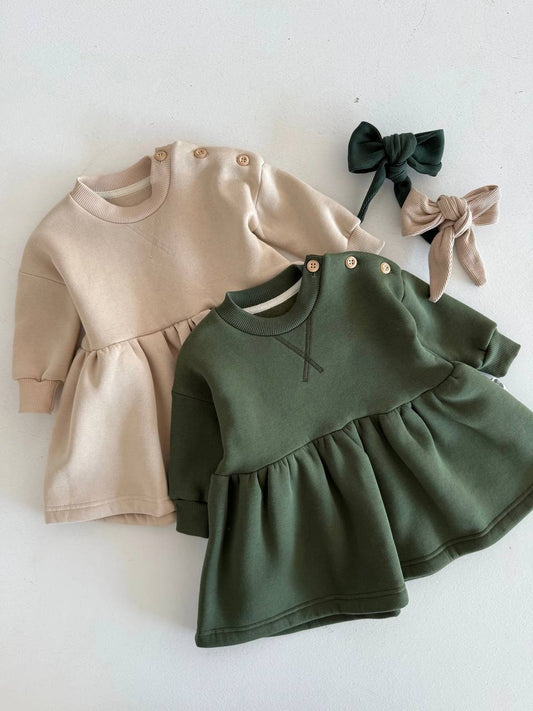 Fleeced Dress with Headband (100% Cotton) - Beige/Olive Green - 6M-4Y