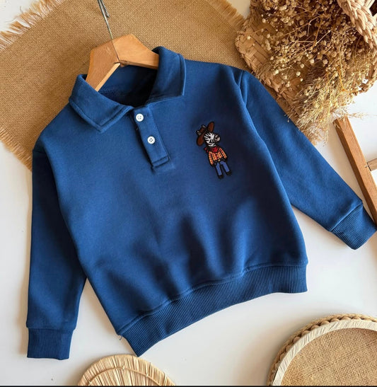 Polo Cut Cotton Sweater - Blue - 2-8Y