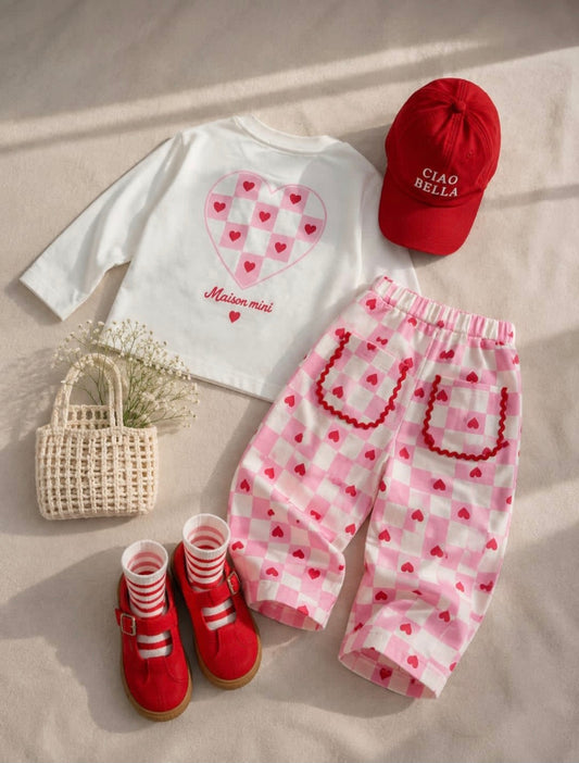 Heartful Sweater & Checkered Pants Set - 2-8Y