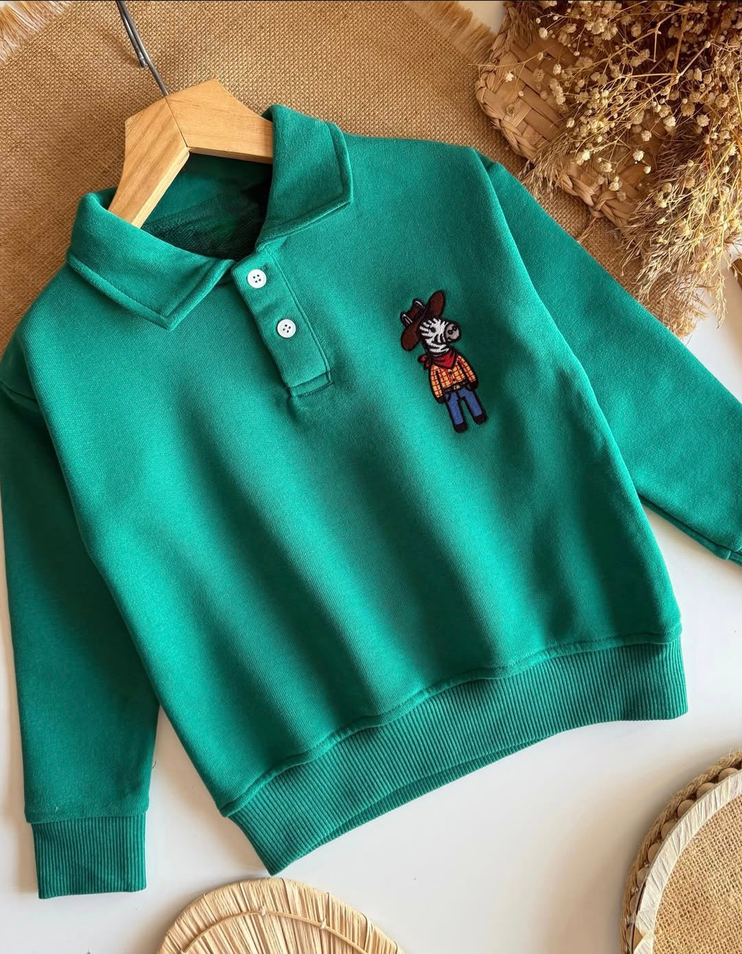 Polo Cut Cotton Sweater - Green - 2-8Y