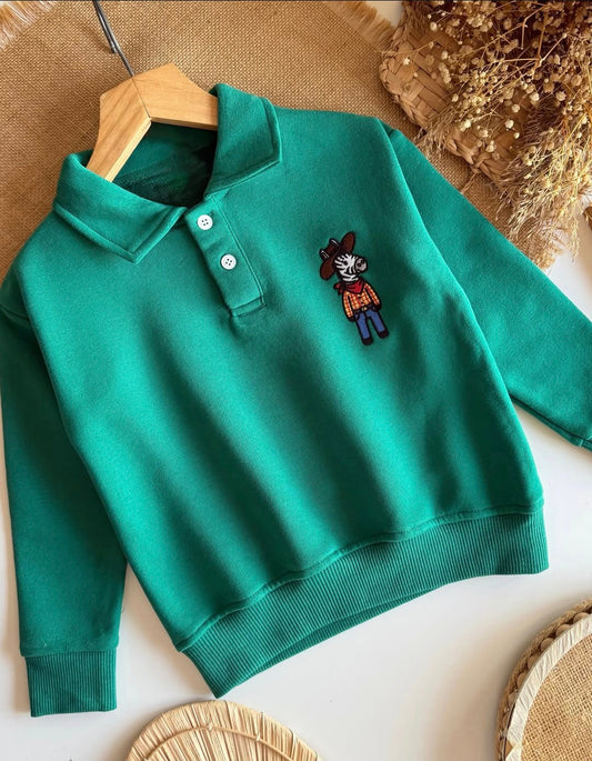 Polo Cut Cotton Sweater - Green - 2-8Y