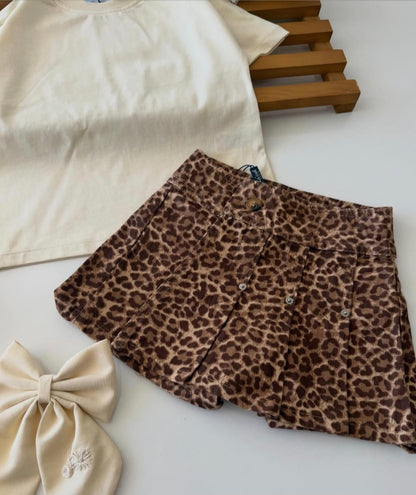 Denim Leopard Pattern Skirt with Beige Tshirt Set - 2-7Y