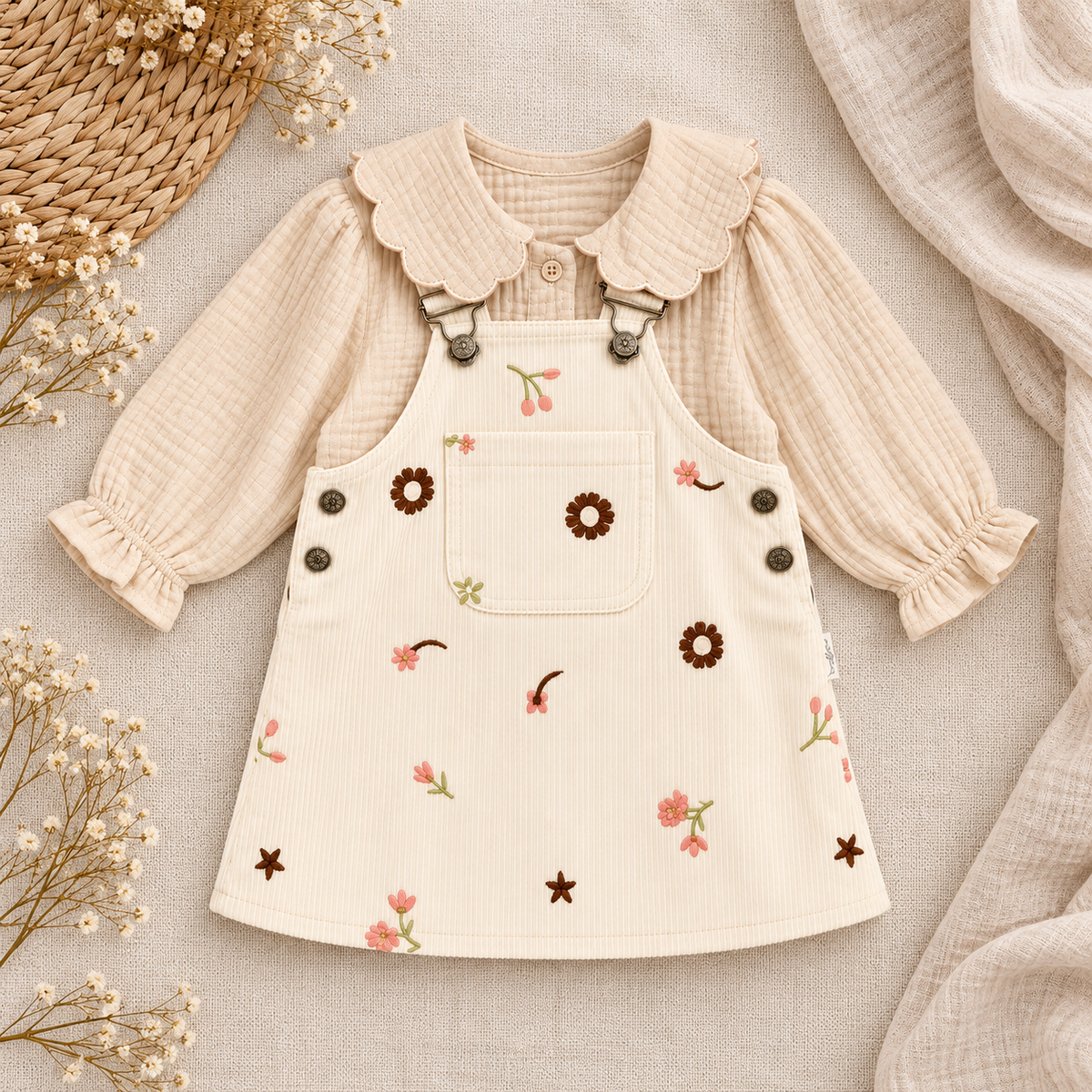 Floral Denim Dress with Muslin Shirt - 6M-2Y