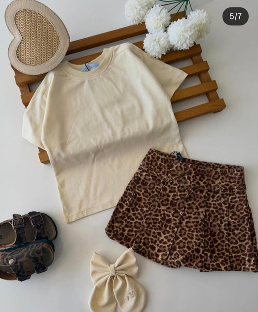 Denim Leopard Pattern Skirt with Beige Tshirt Set - 2-7Y