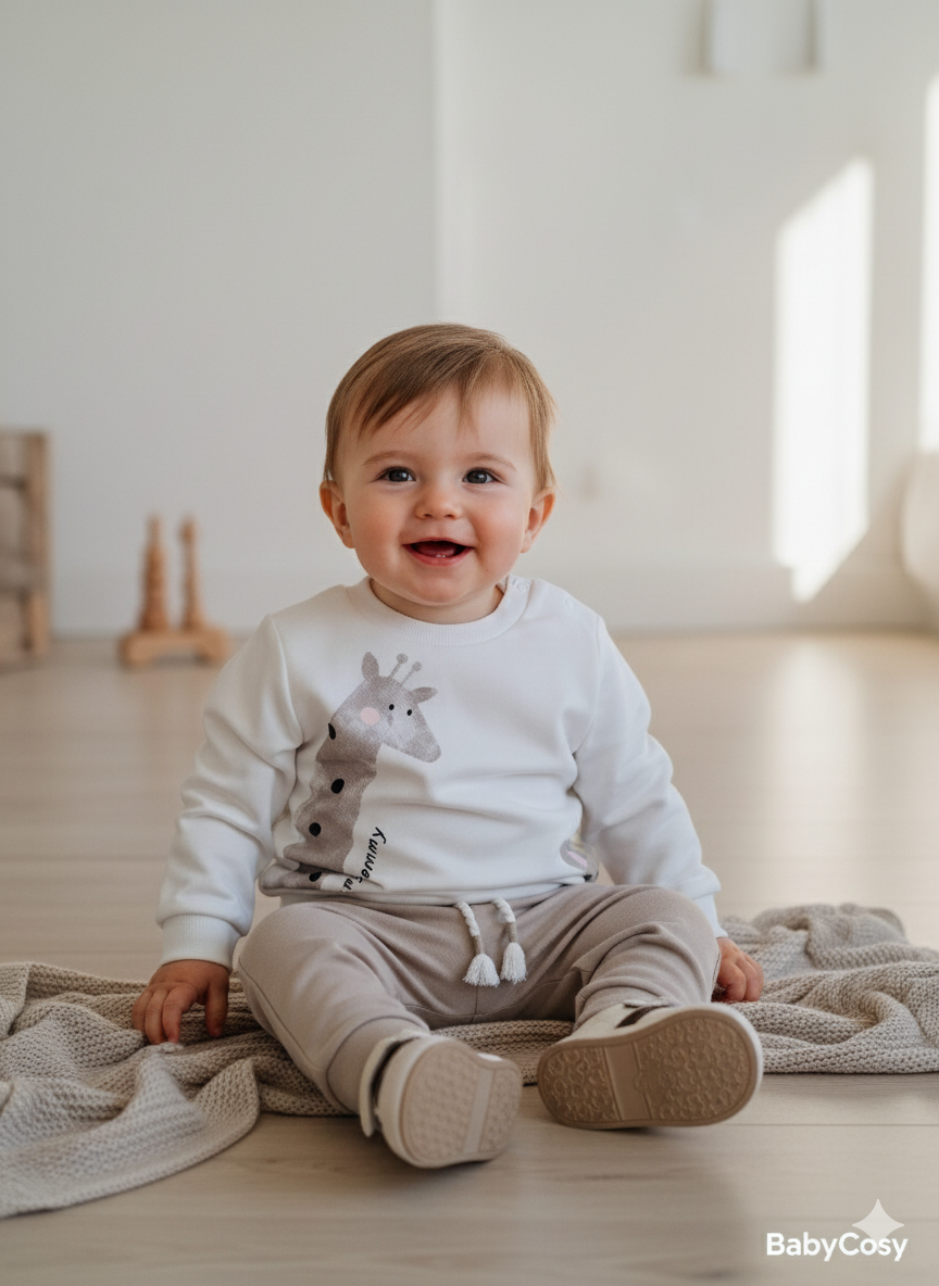 Pant & Long Sleeve Shirt Giraffe Set - Ecru - 100% Organic Cotton - 3-24M