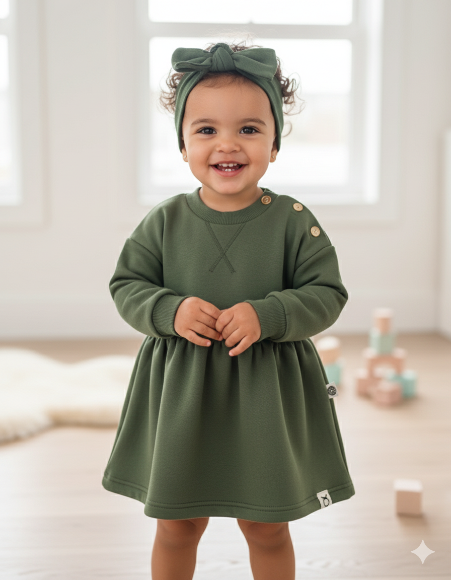 Fleeced Dress with Headband (100% Cotton) - Beige/Olive Green - 6M-4Y