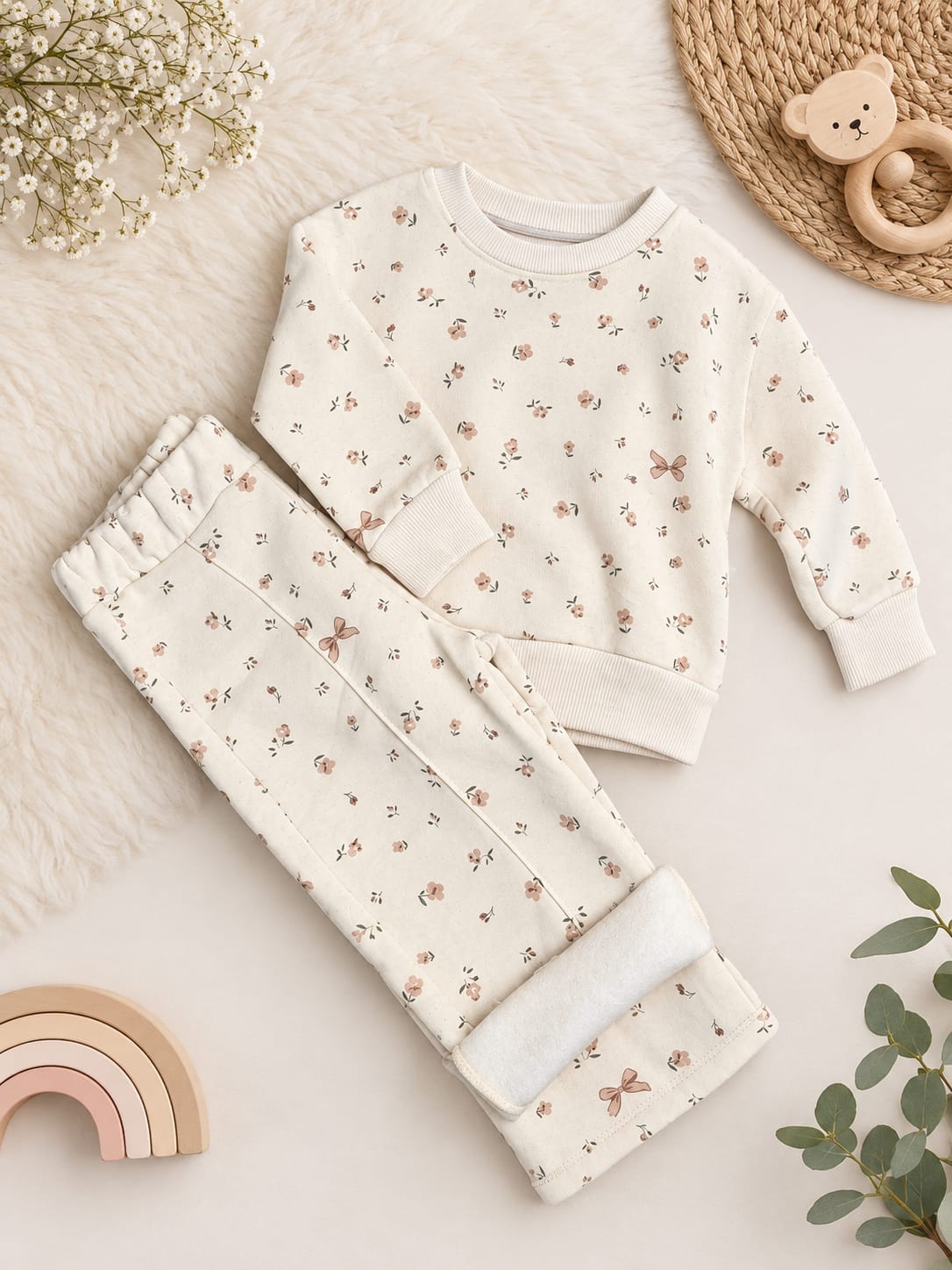 Floral Beige Fleeced Set - 9M-3Y