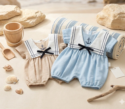 Boy Sailor Rompers with Detachable Collar - Blue/Mink - 3-18M