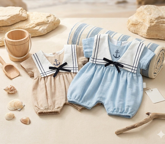 Boy Sailor Rompers with Detachable Collar - Blue/Mink - 3-18M
