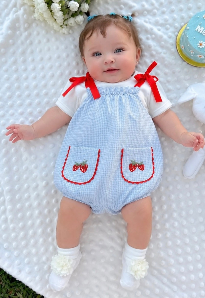Strawberry Basket Romper with White Tshirt - Blue/Pink - 3-18M