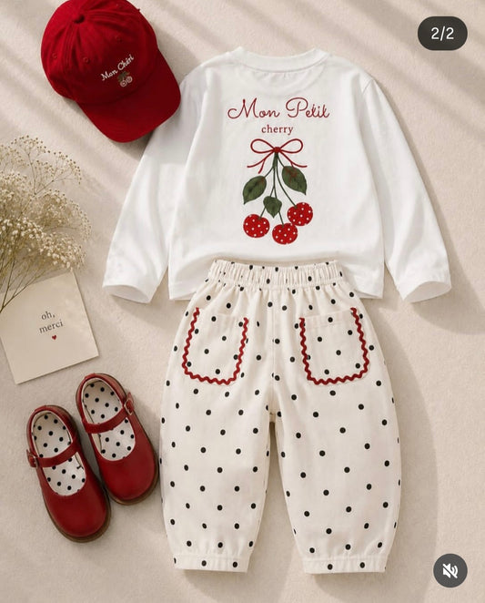 Cherry Sweater & Polka Dots Pants Set - 2-8Y