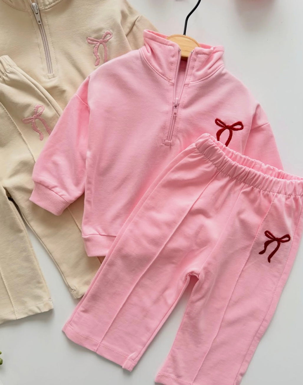 Ribbons Half Zipper Set - Beige/Pink - 6M-2Y – Tickles