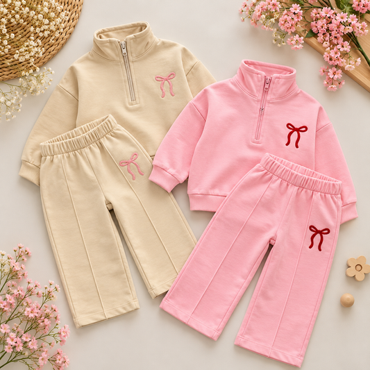 Ribbons Half Zipper Set - Beige/Pink - 6M-2Y