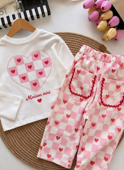 Heartful Sweater & Checkered Pants Set - 2-8Y