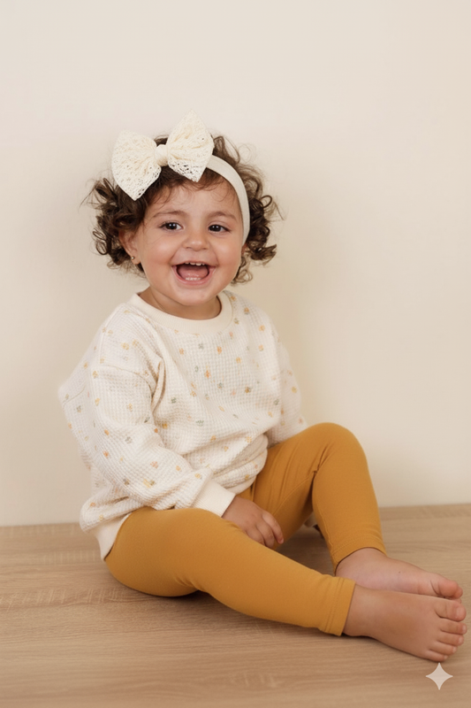 Floral Waffle Sweater with Fleeced Legging - Green/Brown/Yellow/Orange/Light Brown - 9M-4Y