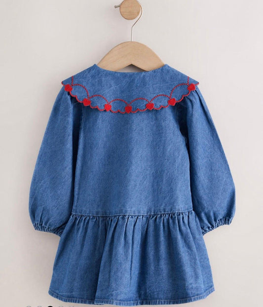 Denim Dress with Red Heart Collar - 4-10Y