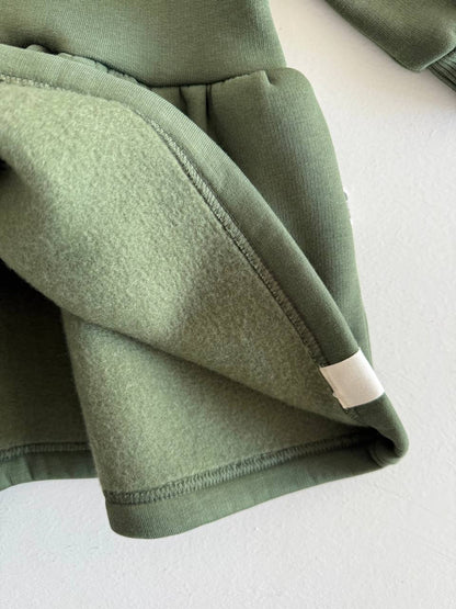 Fleeced Dress with Headband (100% Cotton) - Beige/Olive Green - 6M-4Y