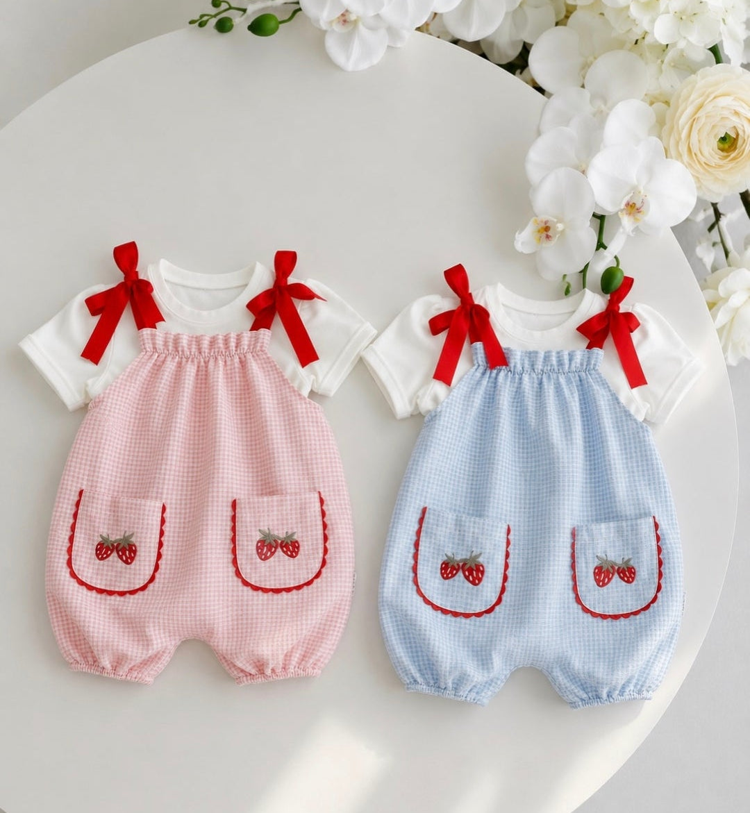 Strawberry Basket Romper with White Tshirt - Blue/Pink - 6-24M