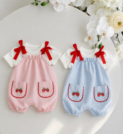 Strawberry Basket Romper with White Tshirt - Blue/Pink - 3-18M