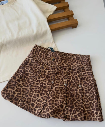 Denim Leopard Pattern Skirt with Beige Tshirt Set - 2-7Y