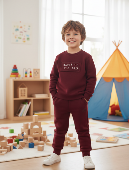 Catch of the Day Fleeced Set - Beige/Burgundy/Olive Green - 1-6Y